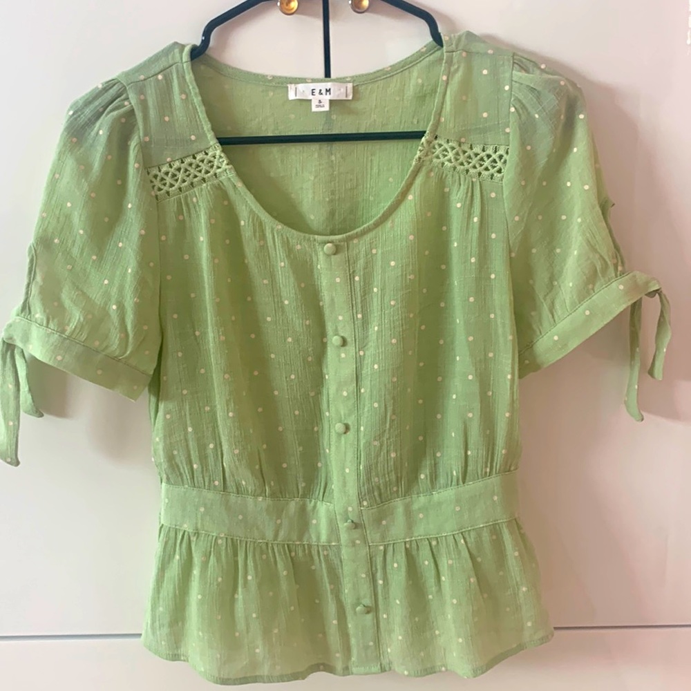 Green with White Polka Dot Cinched Blouse Size S LIKE NEW